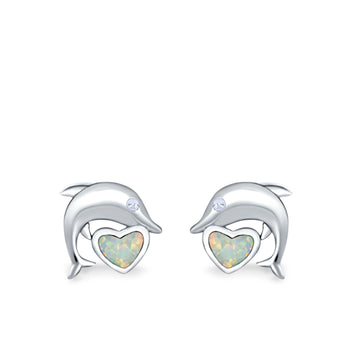Dolphin Heart Stud Earrings Lab Created White Opal 925 Sterling Silver (7mm)